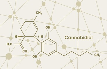 Cannabidiol or CBD molecular structural chemical formula. Connected lines with dots background.