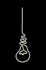 White light bulb neon sign on isolated black background. Neon concept. Modern style. Neon sign. Flat lay, copy space, top view. 