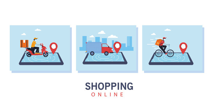 set ofo icons delivery service, transportation and logistics of digital shopping