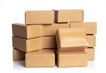 Stack of cardboard boxes for delivery or moving isolated on white