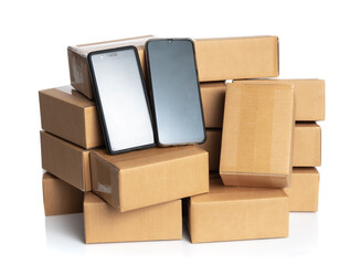 Stack of cardboard boxes for delivery with smartphone isolated on white,Online order, tracking and delivery concept
