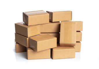 Stack of cardboard boxes for delivery or moving isolated on white