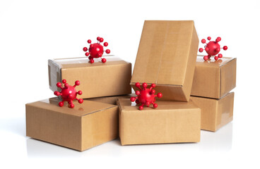 Coronavirus outbreak in 2019,Flu COVID-19 virus cell with cardboard boxes for delivery or moving isolated on white