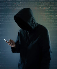 Internet crime concept,Hooded hacker using smartphone in dark room