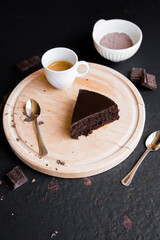 a piece of chocolate cake with a cup of coffee