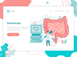 A doctor perform colonoscopy, diagnostics of the intestine. Landing design template. Medical flat vector illustration.