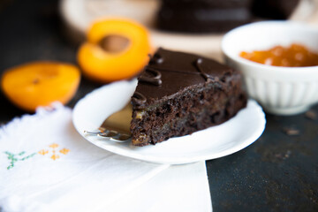 cake - traditional Austrian chocolate dessert with apricot jam