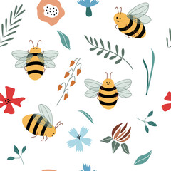 Seamless pattern with bees and flowers in cute cartoon style.  Hand drawn vector illustration. Useful for package design of organic product, flyers, backgrounds, banners, wrapping paper, prints