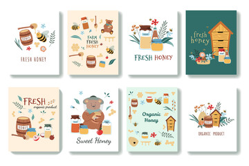 Set of cute postcards in cartoon style.  There are bees, fresh honey, jars, hive, honey spoon, flowers, bear, honeycomb. Hand drawn vector illustration. Isolated on background.