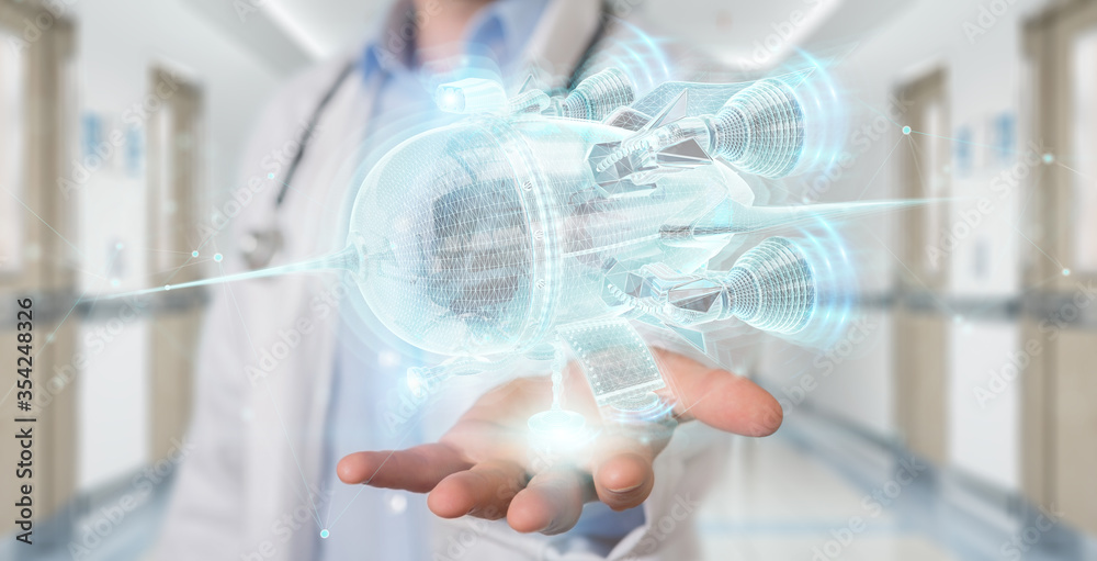 Poster scientist holding and touching hologaphic spaceship projection in his hands 3d rendering