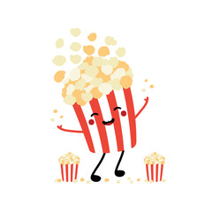 Cute cartoon style popcorn bucket character smiling, having fun, throwing up popcorn flakes in the air.  - 354248331