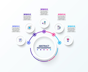 White infographic design template. Flowchart with five circle elements. Concept of 5 steps of business strategy. Clean vector illustration for presentation