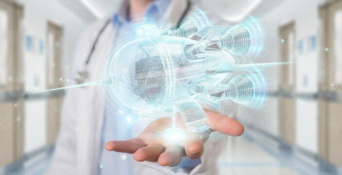 Scientist holding and touching hologaphic spaceship projection in his hands 3D rendering