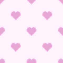 Seamless pattern with pixel pink hearts on a gently pink background. Cartoon vector illustration.