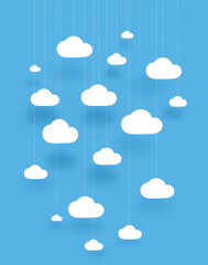 A lot of White paper cut clouds on blue background. Vector illustartion. Paper art