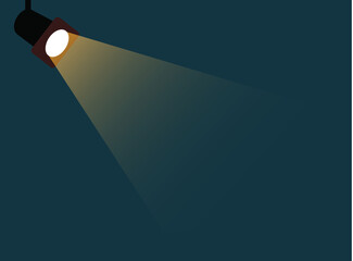 Flat Spotlight shining flat illustration. Movie spotlight on blue background. vector