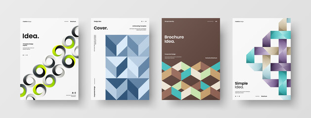 Fototapeta premium Company identity brochure template collection. Business presentation vector A4 vertical orientation front page mock up set. Corporate report cover abstract geometric illustration design layout bundle.