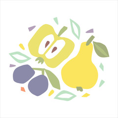 Abstract art print with fruits drawing isolated on white background. Modern illustration. Children textile, t-shirt print.