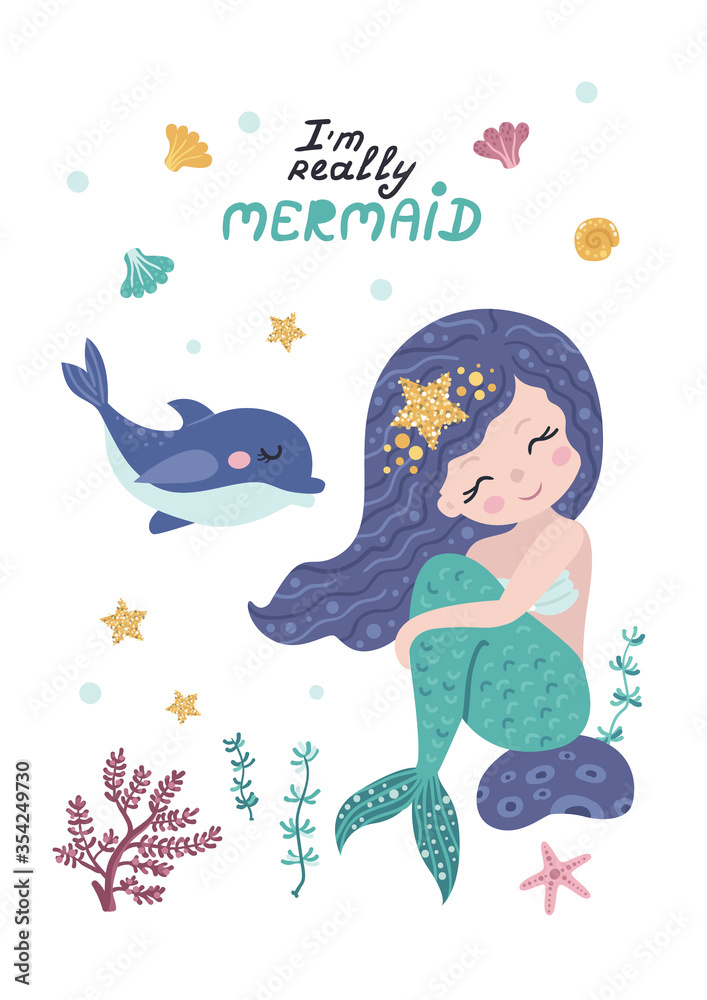 Wall mural childish poster with mermaid, starfish, seaweed and coral