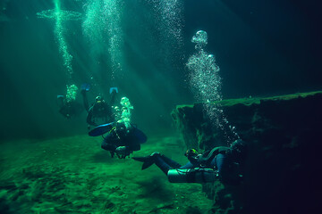 cave diving, diver underwater, dark cave, cavern landscape