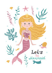 Obraz na płótnie Canvas Childish poster with mermaid, starfish, seaweed and coral
