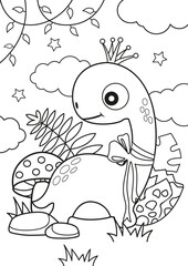 Cute dinosaur in the forest coloring pages. Kids coloring book. Worksheet for children.