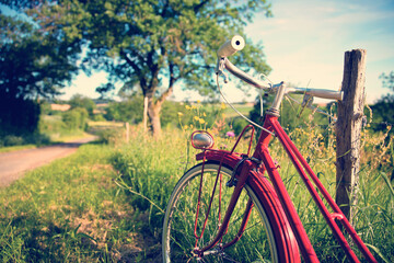 Vieux vélo rouge dans la campagne en France au printemps. - obrazy, fototapety, plakaty
