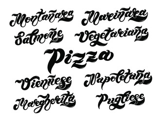 Pizza. The names of the type of Pizza in Italian. Hand drawn lettering. Illustration is great for restaurant or cafe menu design.