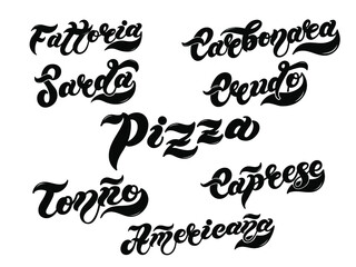 Pizza. The names of the type of Pizza in Italian. Hand drawn lettering. Illustration is great for restaurant or cafe menu design.