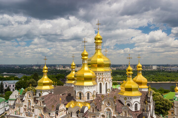 Fototapeta na wymiar Domes of Cathedral of the Dormition in Kyiv Pechersk Lavra
