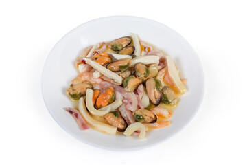 Various seafoods in oil sauce on the white dish