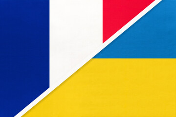 France and Ukraine, symbol of two national flags from textile. Championship between two european countries.