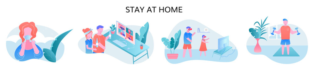 colorful vector illustrations set of cartoon woman in mask people at zoom party family playing virtual games and sportsman at home