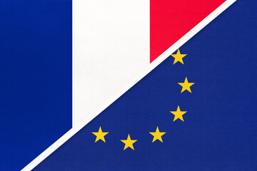 France and European Union or EU national flag from textile. Symbol of the Council of Europe association.