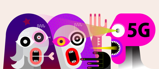 People afraid of 5G radiation modern art vector illustration. Dangerous radiation comes from the eyes of an evil engineer.