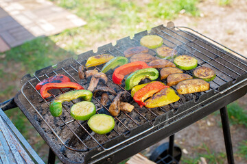 Fresh grilled vegetables, paprika, zucchini, eggplant, champignons. Outdoor picnic in summer. Soft selective focus...