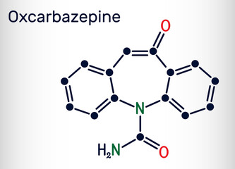 Oxcarbazepine, C15H12N2O2 molecule. It is antiepileptic, anticonvulsant drug used in treatment of seizures, epilepsy, bipolar disorder. Skeletal chemical formula