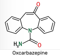 Fototapeta premium Oxcarbazepine, C15H12N2O2 molecule. It is antiepileptic, anticonvulsant drug used in treatment of seizures, epilepsy, bipolar disorder. Skeletal chemical formula