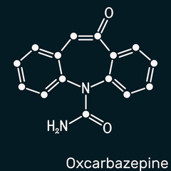 Oxcarbazepine, C15H12N2O2 molecule. It is antiepileptic, anticonvulsant drug used in treatment of seizures, epilepsy, bipolar disorder. Skeletal chemical formula on the dark blue background