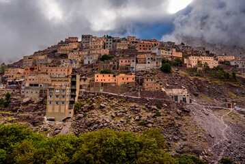 Fototapeta premium Imlil is a small village in the high Atlas Mountains of Morocco. It is 1,800 metres (5,900 ft) above sea level. It is close to the mountain Jebel Toubkal, the highest peak in Northern Africa.