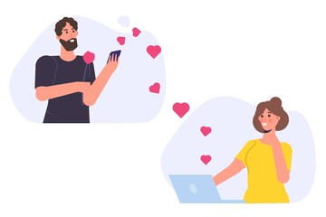 Chat lovers. People chatting using mobile application. Social network, Online Dating concept. Vector illustration.