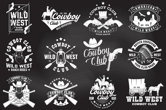 Set of cowboy club badge on chalkboard. Vector. Concept for shirt, logo, print, stamp, tee with cowboy and shotgun. Vintage typography design with wild west and western rifle silhouette.