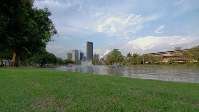 Meadow and Pond at Chatuchak Park in Central Bangkok, Thailand - Large Public Park For Leisure and Relaxation in City