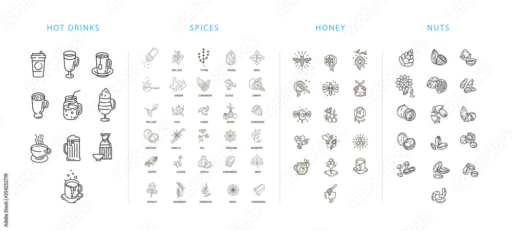 Wall mural Vector icon and logo collection hot drinks, spices, nuts and honey . Editable outline stroke size. Line flat contour, thin and linear design. Simple icons. Sign, symbol - Wall murals