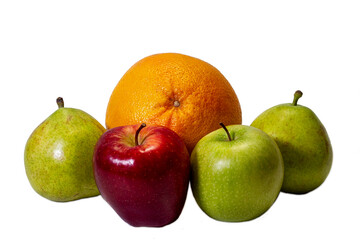 Two apples, grapefruit and two pears close-up on a white background. .
