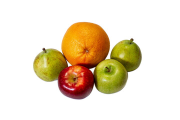 Grapefruit, two apples and two pears close-up on a white background. Isolate.