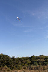 Beautiful scenery and airplane takeoff from the airport. Mallorca, Spain. Balearic Islands