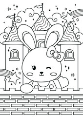 Bunny Princess in the castle coloring pages. Kids coloring book. Worksheet for children. 