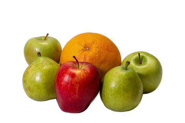 Grapefruit, three apples and two pears close-up on a white background. Isolate.