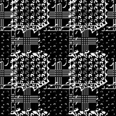 Seamless pattern patchwork design. Black and white print scribble tiles and dots. Watercolor effect. Suitable for bed linen, leggings, shorts and fashion industry.